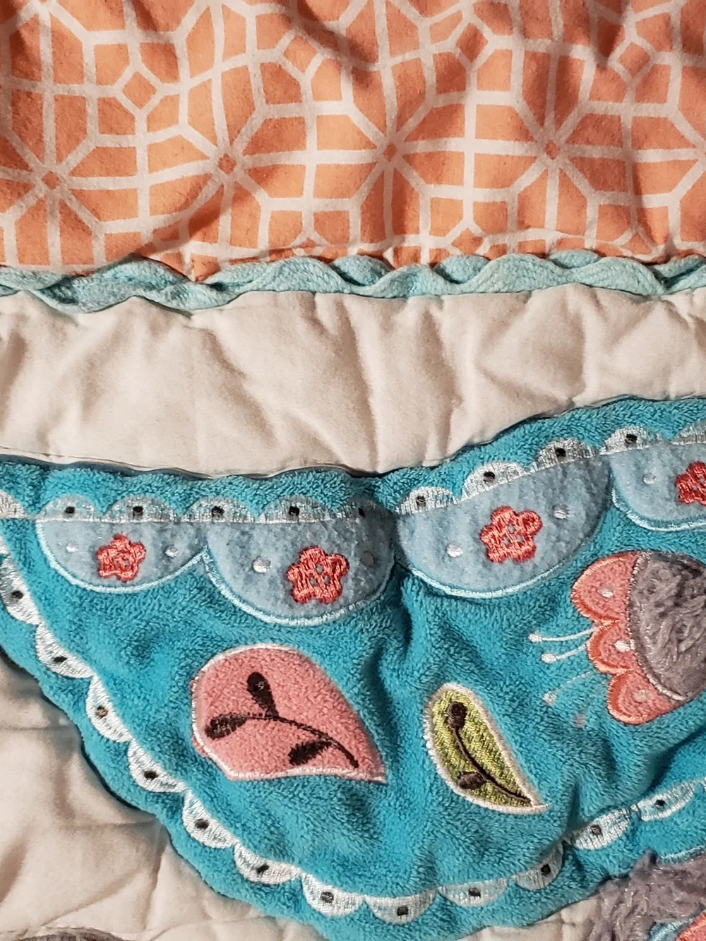 Levtex Quilted Baby Blanket with Fox, Peacock & Owl - White, Teal, Coral